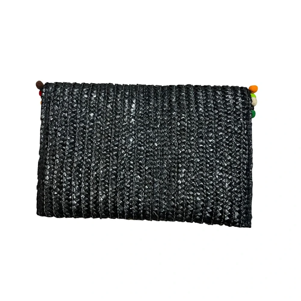 Shiraleah Chicago Woven Straw Clutch Bag Black Multi Color Pom Pom Trim Envelope